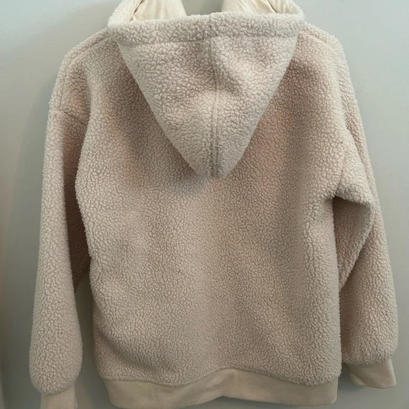 Madewell Cream Sherpa Zip Hoodie Jacket Brown Pocket Trim Cozy Teddy Fleece - Picture 2 of 8